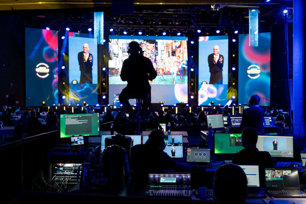 Congress hall at Svenska Mässan Gothia Towers. Showing the technical booth producing sound and lights for the stage.