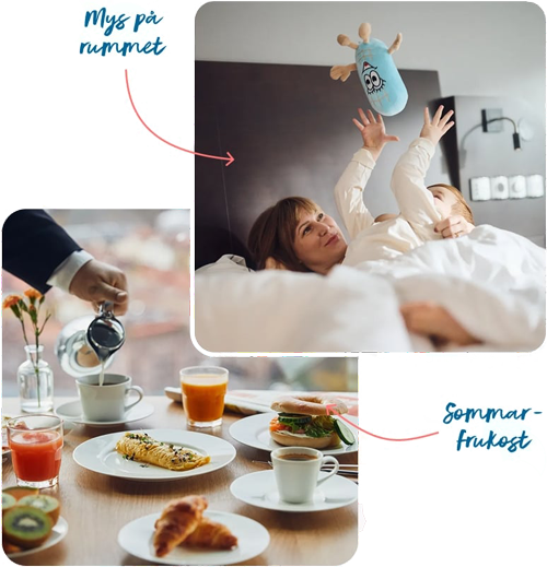 Hotellfrukost och familj som myser på rummet.